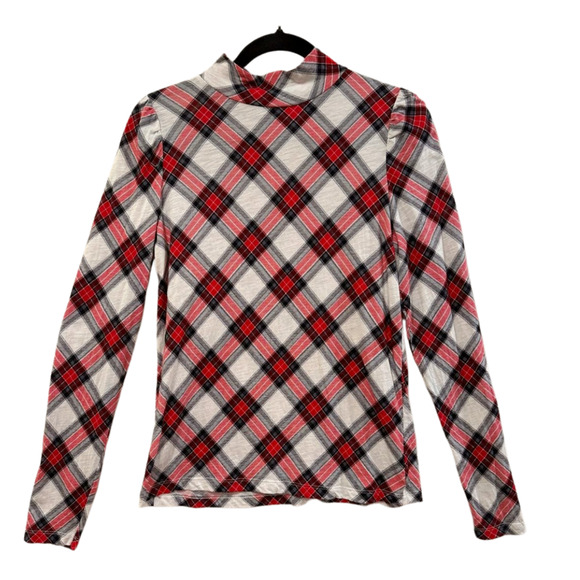 LOFT Women's Red Black Diamond Plaid Stretch Mock Neck Top Lightweight Small - Picture 1 of 10